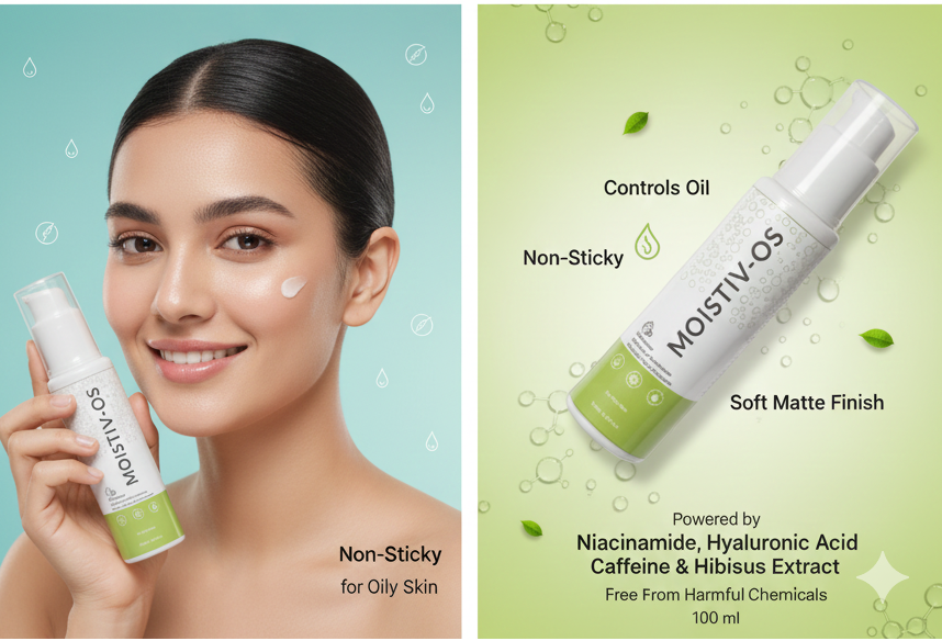 Collage of MOISTIV-OS skincare product packaging and usage on a woman's face.