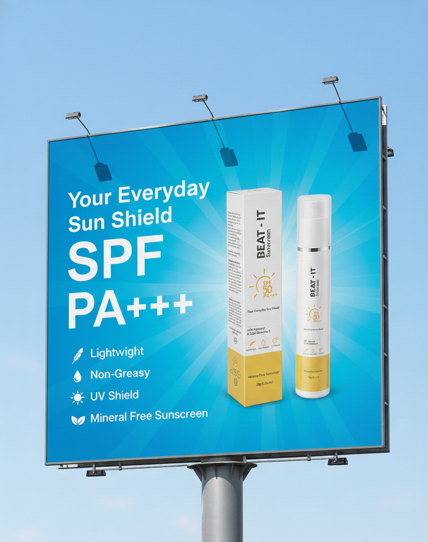Billboard advertising sunscreen with product images and text on a blue sky background