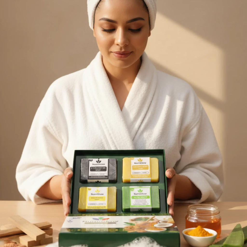 Woman in a white robe holding a set of natural soap bars in a box.