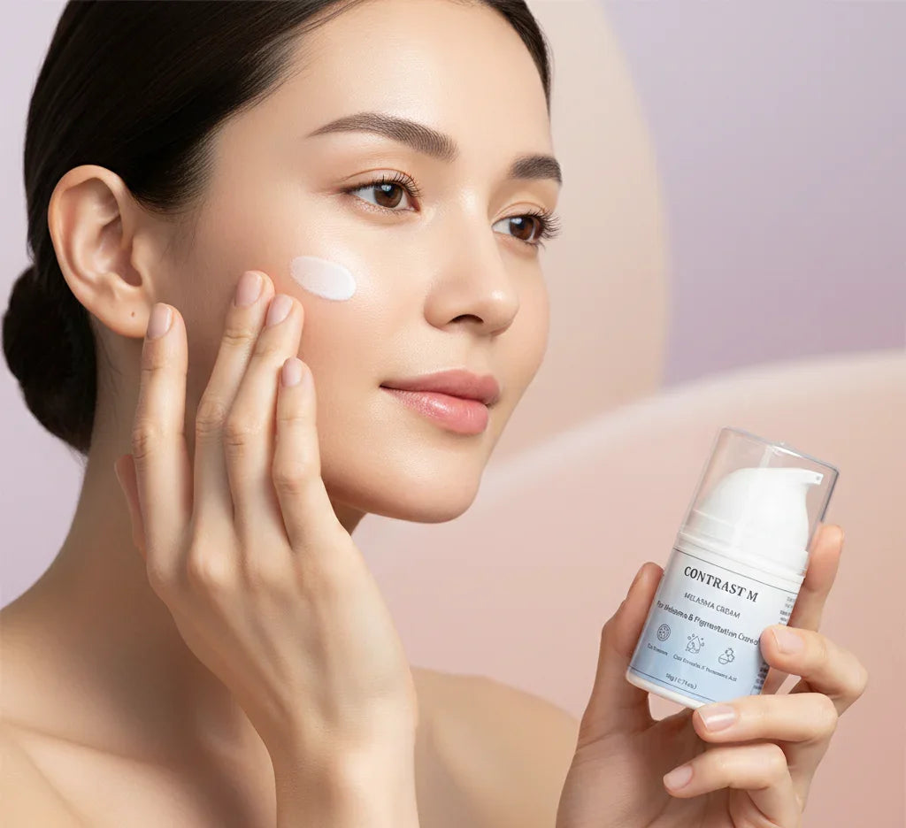 Woman applying Contrast M melasma cream to her face, skincare and pigmentation treatment