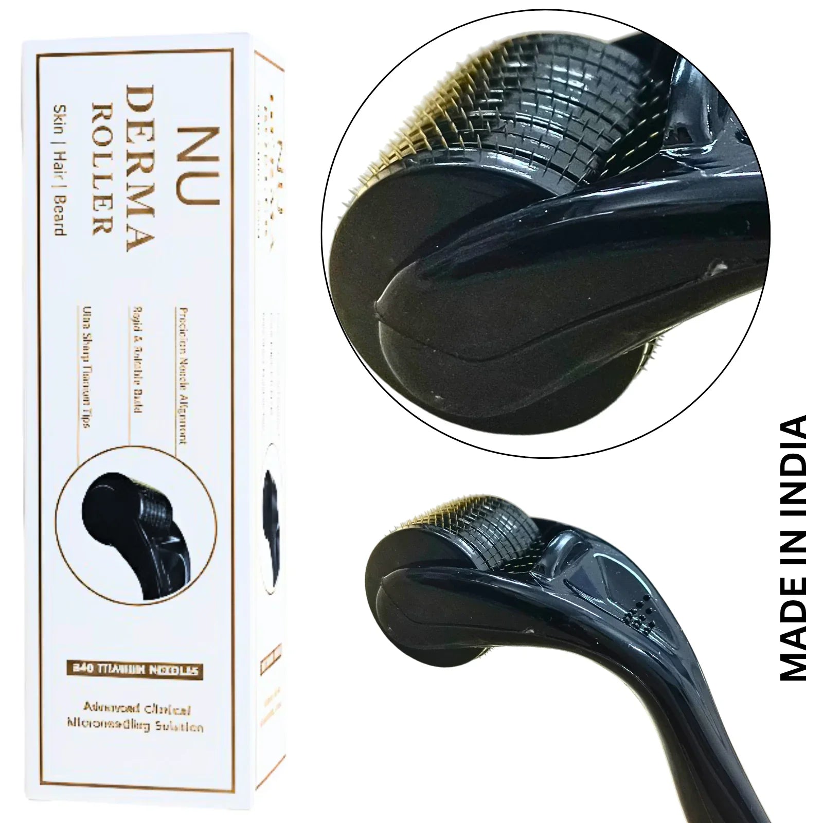 NU Derma Roller (0.5mm / 1.0mm/ 1.5mm) | 540 Golden Titanium Needles for Hair Regrowth