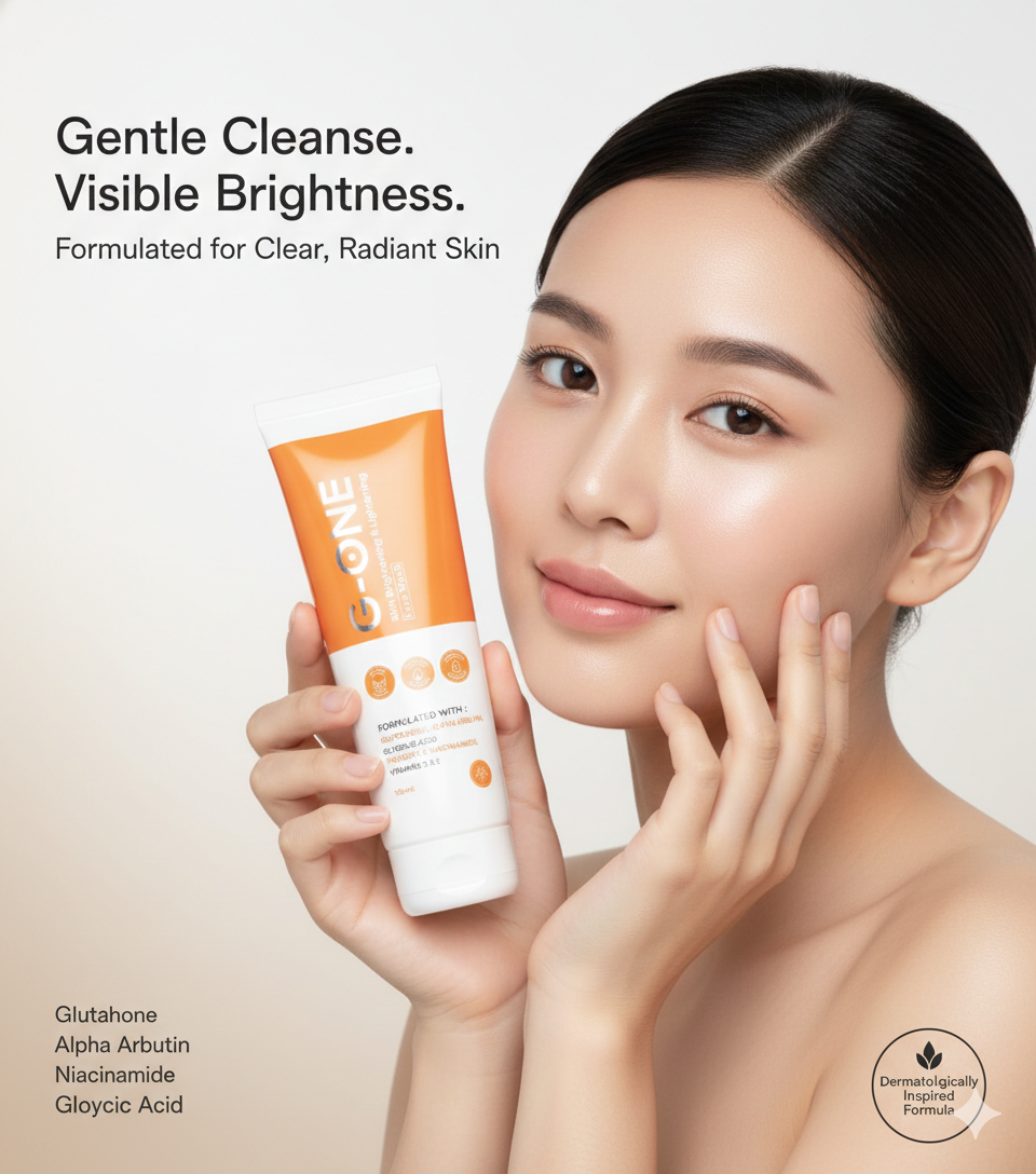 Hand holding G-ONE Skin Brightening Face Wash bottle