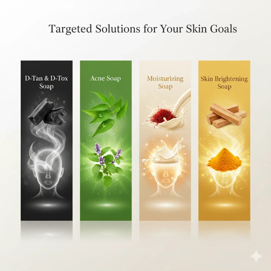 Four soap bars with different ingredients and labels on a white background