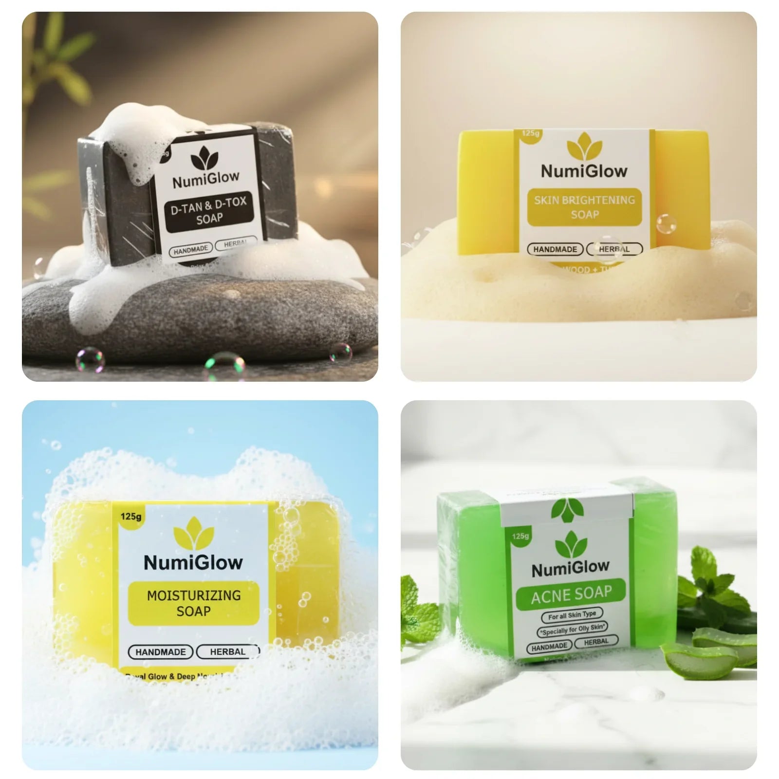 Collage of NumiGlow soap bars with different scents and packaging on a white background.